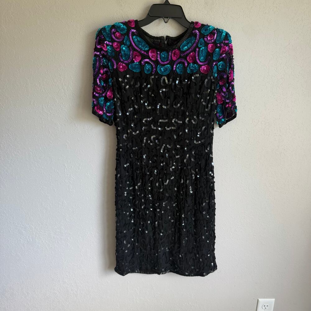 Vintage Stenay Black 100% Silk Heavily Beaded Sequins Dress Womens 4 Formal